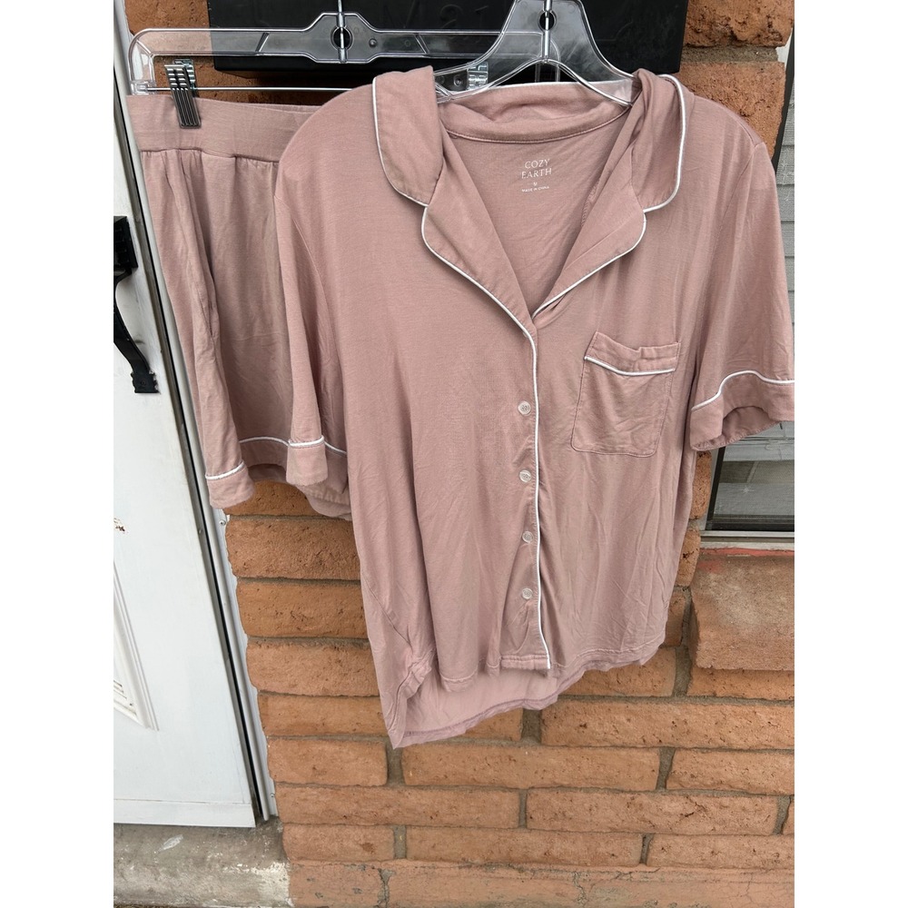 Cozy Earth Bamboo Pajama Set Medium Dusty Rose Short Sleeve Button Top Shorts